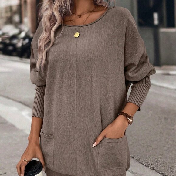 Brown Casual Women's Dual Pocket Batwing Sleeve Pocket Patched Sweater - Picture 3 of 6